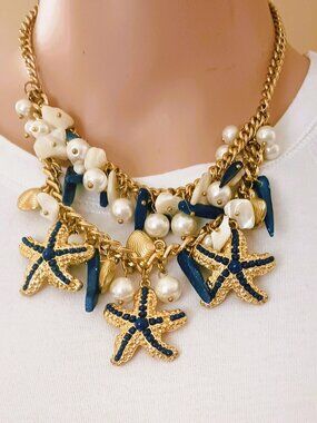 Layered Shell Starfish Bib Necklace Gold Tone Navy Beaded Faux Pearls Nautical